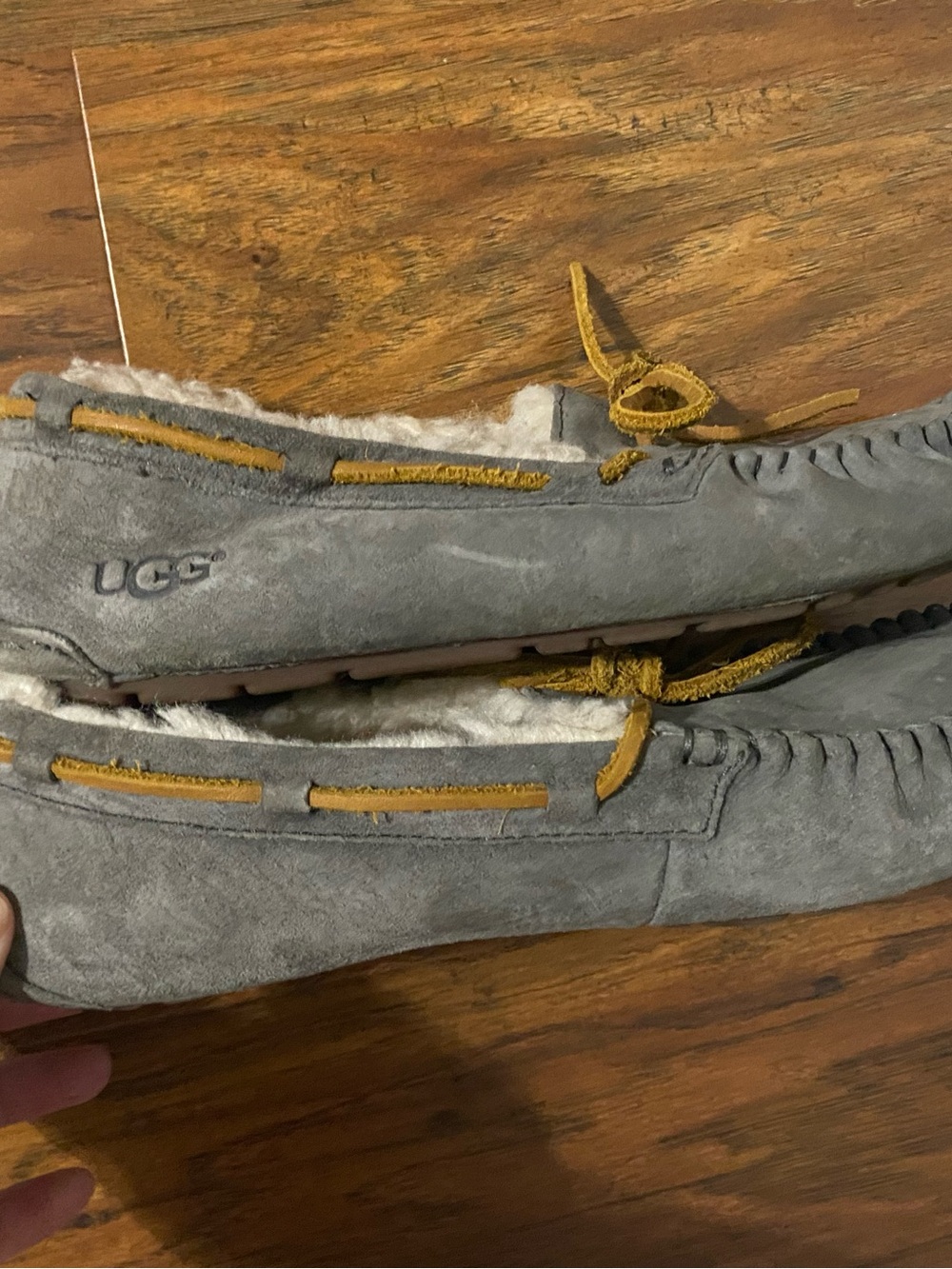 UGG Gray Moccasin Slippers with Tan Laces - Picture 6 of 8